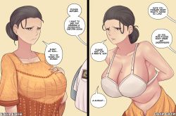 Rule 34 | 1girl, age difference, bra, breasts, english text, eskrim eskrim, female focus, highres, large breasts, mature female, mole, mole on breast, mole under mouth, mother and son, underwear, undressing