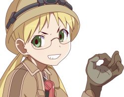 Rule 34 | 1girl, 2w0se, blonde hair, glasses, green eyes, grin, made in abyss, monogatari (series), ok sign, parody, riko (made in abyss), rimless eyewear, smile, solo, style parody, twintails, whistle, whistle around neck