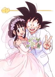 Rule 34 | 1boy, 1girl, :d, bare shoulders, black eyes, black hair, bouquet, bow, bowtie, chi-chi (dragon ball), commentary request, couple, dragon ball, dragon ball (classic), dress, elbow gloves, eyelashes, fingernails, flower, flying nimbus, formal, gloves, happy, hetero, highres, holding, image sample, jewelry, looking at viewer, necklace, open mouth, pearl necklace, pink dress, pink flower, purple flower, rose, short hair, simple background, sleeveless, sleeveless dress, smile, son goku, spiked hair, suit, tkgsize, twitter sample, v, veil, wedding dress, white background, white flower, white rose, white suit