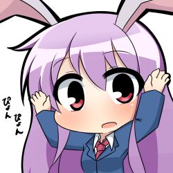 Rule 34 | 1girl, :o, animal ears, arms up, blazer, chibi, dress shirt, head tilt, jacket, long hair, long sleeves, looking at viewer, necktie, open mouth, purple hair, rabbit ears, rabbit pose, red eyes, red necktie, reisen udongein inaba, shirt, simple background, solo, touhou, twumi, very long hair, white background, white shirt
