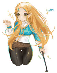 Rule 34 | 1girl, absurdres, artist name, black pants, blonde hair, braid, breasts, commentary, cropped legs, eyelashes, green eyes, hair ornament, hairclip, hand up, highres, long hair, long sleeves, medium breasts, nintendo, pants, parted bangs, parted lips, pointy ears, princess zelda, puffy long sleeves, puffy sleeves, shanodesu, simple background, solo, sparkle, symbol-only commentary, the legend of zelda, the legend of zelda: breath of the wild, thigh gap, tight clothes, tight pants, twitter username, white background