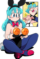 Rule 34 | 1boy, 1girl, @ @, alternate costume, angry, animal ear hairband, animal ears, ass, black leotard, blue eyes, blue hair, blue pantyhose, blush, breasts, bulma, clenched teeth, convenient censoring, dragon ball, dragon ball (classic), dragon ball (object), earrings, fake animal ears, fake tail, flashing, grin, highres, jewelry, leotard, long hair, medium breasts, official alternate costume, oolong, pantyhose, playboy bunny, rabbit ear hairband, rabbit ears, rabbit tail, scott malin, simple background, sitting, smile, tail, teeth, white background, wide hips, wrist cuffs