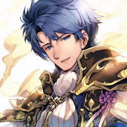 Rule 34 | 1boy, armor, ascot, blue eyes, blue hair, fire emblem, fire emblem: genealogy of the holy war, glowing, highres, looking at viewer, male focus, nakabayashi zun, nintendo, shoulder armor, sigurd (fire emblem), simple background, smile, solo, white background