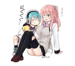 Rule 34 | 1boy, 1girl, :t, black skirt, black thighhighs, blue hair, carrying, closed eyes, eyepatch, nei (os), one side up, open mouth, original, os (os fresa), pink hair, pointy ears, princess carry, purple eyes, shorts, simple background, skirt, souta (os), squatting, sweat, thighhighs, white background
