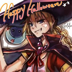 Rule 34 | 1girl, alien, bandages, blonde hair, blue eyes, chrono cross, facial mark, halloween, happy halloween, hat, kid (chrono cross), long hair, looking at viewer, mizuki1196, multi-tied hair, ponytail, red ribbon, ribbon, simple background, smile, solo, starky (chrono cross), vest, white background, witch hat