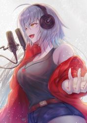 Rule 34 | 1girl, absurdres, alternate costume, belt, breasts, fate/grand order, fate (series), from behind, from side, grey hair, hair between eyes, headphones, highres, jacket, jeanne d&#039;arc (fate), jeanne d&#039;arc alter (avenger) (fate), jeanne d&#039;arc alter (fate), jewelry, large breasts, long hair, microphone, music, necklace, off shoulder, penguintake, pop filter, red jacket, singing, smile, solo, yellow eyes