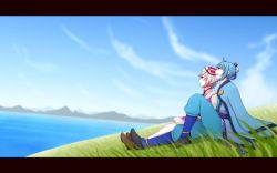 Rule 34 | 1boy, 1girl, :d, androgynous, ankle boots, artist request, blue eyes, blue hair, blue sky, boots, bun cover, cloud, day, fur trim, grass, hat, highres, japanese clothes, kairi (murasaki), letterboxed, looking up, murasaki (game), open mouth, outdoors, pants, pink hair, satsuki (murasaki), sitting, sky, smile, traditional clothes, water