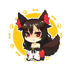 Rule 34 | &gt;:3, 1girl, :3, all fours, animal ears, bad id, bad pixiv id, bone, breasts, brooch, brown hair, chibi, cleavage, dress, fang, hair flaps, imaizumi kagerou, jewelry, ke-su, long hair, off shoulder, paw print, red eyes, solo, tail, touhou, v-shaped eyebrows, wolf ears, wolf tail