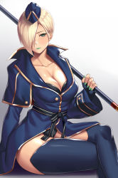 Rule 34 | 1girl, black leotard, blonde hair, blue jacket, blush, breasts, cleavage, commentary request, embarrassed, eyeshadow, falke (street fighter), fingerless gloves, garrison cap, gloves, green eyes, green lips, green lips, green nails, hair over one eye, hat, highres, holding, holding weapon, jacket, large breasts, crossed legs, leotard, lipstick, looking at viewer, makeup, military, military uniform, nail polish, short hair, sitting, smile, solo, staff, street fighter, street fighter v, takanashi-a, thick thighs, thighhighs, thighs, uniform, weapon