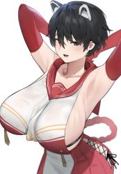 Rule 34 | 1girl, absurdres, animal ears, armpits, arms behind head, arms up, black hair, blue archive, blush, breasts, elbow gloves, gloves, grey eyes, hair between eyes, highres, hood (james x), huge breasts, looking at viewer, open mouth, red gloves, rope, sailor collar, shirt, short hair, sideboob, sitting, skindentation, smile, solo, sweat, tabard, tassel, tsubaki (blue archive), white shirt