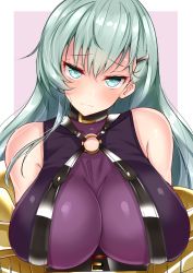 Rule 34 | 10s, 1girl, aqua eyes, aqua hair, blush, bodysuit, border, breasts, claw (weapon), closed mouth, collar, cosplay, embarrassed, fate/extra, fate/extra ccc, fate/grand order, fate (series), hair ornament, hairclip, highres, huge breasts, impossible clothes, kantai collection, long hair, looking at viewer, o-ring, o-ring top, outside border, passion lip (cosplay), passionlip (fate), passionlip (fate) (cosplay), purple background, sankakusui, sketch, sleeveless, solo, strap, suzuya (kancolle), wavy mouth, weapon, white border