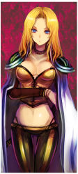 Rule 34 | 1990s (style), 1girl, amano yoshitaka design, blonde hair, blue eyes, breasts, bustier, cape, celes chere, final fantasy, final fantasy vi, jewelry, kara (color), long hair, midriff, navel, necklace, retro artstyle, solo, thigh gap, thighs