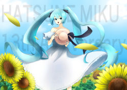 Rule 34 | 1girl, absurdly long hair, absurdres, anniversary, aqua eyes, aqua hair, artist name, artist request, bare shoulders, black bow, blue eyes, blue hair, blue nail polish, blue nails, blue sky, bow, cloud, collarbone, day, dress, female focus, field, flower, flower field, frilled dress, frills, hat, hatsune miku, unworn headwear, highres, holding, holding clothes, holding hat, karumu, karumu (izayoi35351), long hair, looking at viewer, nail, nail polish, outdoors, shirt, skirt, sky, solo, straw hat, sundress, sunflower, twintails, very long hair, vocaloid, white shirt, white skirt
