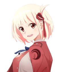 Rule 34 | 1girl, alwayshome, blonde hair, blue bow, blue ribbon, bow, hair ribbon, highres, jacket, long hair, looking at viewer, lycoris recoil, nishikigi chisato, red eyes, red jacket, red ribbon, ribbon, simple background, smile, solo, upper body, white background