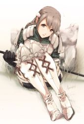 Rule 34 | 1girl, armor, artdink, aurastack, boots, braid, brown eyes, knees to chest, hugging own legs, long hair, ravness loxaerion, silver hair, sitting, solo, staff, tactics ogre, thigh boots, thighhighs