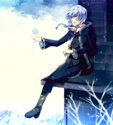 Rule 34 | 1boy, blue eyes, full body, gradient background, heterochromia, hiver laurant, male focus, nature, outdoors, plant, red eyes, roman (sound horizon), silver hair, sky, snow, solo, sound horizon, sunakumo, winter