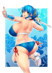 Rule 34 | 1girl, absurdres, ass, bikini, blue bikini, blunt bangs, blush, border, breasts, erkaz, from behind, highres, holding, holding sword, holding weapon, huge breasts, leg up, looking at viewer, open mouth, original, outline, red eyes, rina atherina, shoulder blades, sideboob, smile, solo, swimsuit, sword, weapon, white border, white footwear, white outline