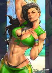 Rule 34 | 1girl, abs, absurdres, arm behind head, artist name, black hair, breasts, dark skin, hibren, highres, large breasts, laura matsuda, long hair, looking at viewer, muscular, muscular female, navel, open mouth, palm tree, realistic, smile, street fighter, tree, veins, veiny breasts