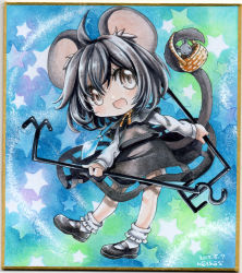 Rule 34 | 1girl, animal ears, capelet, chibi, colored pencil (medium), dowsing rod, gem, grey eyes, grey hair, jewelry, mosho, mouse (animal), mouse ears, mouse tail, nazrin, necklace, open mouth, painting (medium), pendant, shikishi, shirt, skirt, skirt set, smile, solo, star (symbol), tail, touhou, traditional media, vest, watercolor (medium)