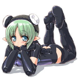 Rule 34 | 10s, 1girl, ass, bad id, bad pixiv id, blue eyes, busou shinki, butt crack, dd (ijigendd), doll joints, elbow gloves, elf, gloves, green hair, head rest, joints, lying, maryceles, on stomach, pointy ears, short hair, simple background, solo, thighhighs, white background
