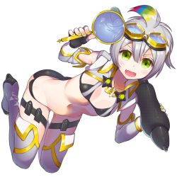 Rule 34 | 1girl, ahoge, bikini, bikini top only, black gloves, blonde hair, blue hair, boots, detached sleeves, fangs, fingerless gloves, full body, gloves, goggles, goggles on head, green eyes, green hair, grey footwear, grey thighhighs, highres, holding, looking at viewer, magnifying glass, multicolored hair, nail polish, omucchan (omutyuan), open mouth, red hair, short hair, short shorts, shorts, silver hair, solo, swimsuit, thigh boots, thigh strap, thighhighs, transparent background
