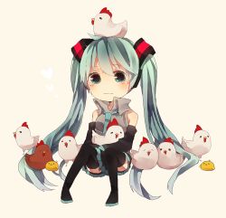 Rule 34 | 1girl, animal, animal on head, bad id, bad pixiv id, bird, boots, chibi, chick, chicken, detached sleeves, green eyes, green hair, hatsune miku, long hair, matching hair/eyes, necktie, on head, simple background, sitting, skirt, solo, thigh boots, thighhighs, twintails, very long hair, vocaloid, yuya kyoro