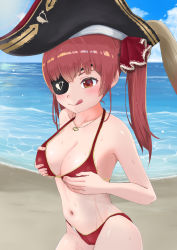 Rule 34 | 1girl, 5%, :q, bare shoulders, bicorne, bikini, black hat, blush, breast hold, breasts, cleavage, eyepatch, gold trim, hair ribbon, halterneck, hat, heart, heart necklace, highres, hololive, houshou marine, houshou marine (summer), jewelry, large breasts, long hair, looking at viewer, navel, necklace, pirate, red bikini, red eyes, red hair, red ribbon, ribbon, smile, solo, string bikini, swimsuit, thighs, tongue, tongue out, twintails, virtual youtuber, wet