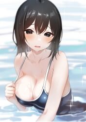 Rule 34 | 1girl, akitsu maru (kancolle), black hair, blue one-piece swimsuit, breasts, cleavage, commentary request, competition school swimsuit, hair between eyes, highres, kantai collection, large breasts, looking at viewer, one-piece swimsuit, partially submerged, sakieko, school swimsuit, short hair, solo, swimsuit, upper body, water, wet, wet clothes, wet swimsuit