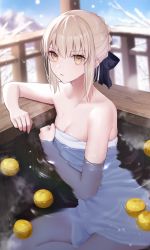 Rule 34 | 1girl, artoria pendragon (all), artoria pendragon (fate), bare shoulders, bath, bathing, blonde hair, braid, braided bun, breasts, collarbone, fate/stay night, fate (series), french braid, hair bun, hair ribbon, highres, long hair, looking at viewer, meltymaple, naked towel, onsen, ribbon, saber alter, small breasts, steam, towel, water, wet, white towel, yellow eyes