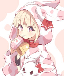 1girl animal_ears animal_hood bell blonde_hair blush breasts commentary_request drinking drinking_straw fake_animal_ears highres holding hood hood_up hooded_jacket jacket neck_bell original pink_eyes rabbit_ears rabbit_hood ryoku_sui signature small_breasts solo stuffed_animal stuffed_rabbit stuffed_toy upper_body white_jacket