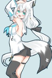 Rule 34 | 1girl, animal ears, arms up, black bow, black shorts, blue background, blue neckerchief, blush, bow, braid, breasts, commentary request, detached sleeves, earrings, fox ears, fox girl, fox tail, green eyes, hair between eyes, hair bow, highres, hololive, hood, hoodie, jewelry, key, long hair, looking at viewer, looking to the side, mayoineko, neckerchief, open mouth, pentagram, shirakami fubuki, shirakami fubuki (1st costume), short shorts, shorts, sidelocks, simple background, single braid, single thighhigh, small breasts, solo, tail, thigh strap, thighhighs, virtual youtuber, white hair, white hoodie