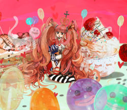 Rule 34 | 1girl, bow, candy, capelet, crown, cupcake, female focus, food, fruit, heart, highres, kumacy, lollipop, long hair, long sleeves, one piece, pancake, perona, pink hair, raspberry, sitting, skirt, smile, solo, strawberry, striped legwear, stuffed toy, toy, twintails, whipped cream