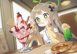 Rule 34 | + +, 1girl, absurdres, aged down, bada (jksh5056), blue archive, blurry, blurry background, breasts, brown hair, cafe, cardigan, child, collared shirt, commentary request, depth of field, food, green eyes, green halo, halo, highres, indoors, lanyard, long hair, long sleeves, mouth hold, nonomi (blue archive), off shoulder, pancake, parfait, shirt, small breasts, solo, spoon, strawberry parfait, white shirt, yellow cardigan
