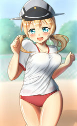 Rule 34 | 10s, 1girl, blonde hair, blue eyes, bouncing breasts, breasts, buruma, clenched hands, gym uniform, hat, highres, kantai collection, maku ro, medium breasts, open mouth, prinz eugen (kancolle), running, solo, sweat, twintails