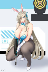 Rule 34 | 1girl, animal ears, aqua leotard, assault rifle, asuna (blue archive), asuna (bunny) (blue archive), black pantyhose, blue archive, blue bow, blue bowtie, blue leotard, bow, bowtie, breasts, cleavage, detached collar, elbow gloves, fake animal ears, gloves, goddess of victory: nikke, gun, hair over one eye, highres, holding, holding gun, holding weapon, huge breasts, leotard, light brown hair, mole, mole on breast, official alternate costume, on one knee, pantyhose, parody, playboy bunny, rabbit ears, rifle, solo, someguu, strapless, strapless leotard, thighband pantyhose, weapon