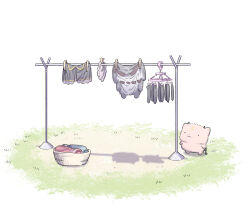 Rule 34 | 1other, basket, black eyes, chibi, clothesline, crescent, crescent facial mark, debidebi debiru, dot nose, facial mark, full body, grass, highres, horns, looking at object, nijisanji, no humans, oshake, shadow, simple background, solo, standing, tail, virtual youtuber, white background