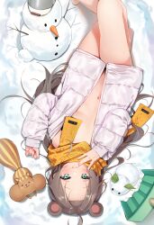 Rule 34 | 1girl, agnamore, animal, animal ears, barefoot, bottomless, brown hair, commentary request, feet out of frame, forehead, green eyes, hololive, jacket, long hair, lying, naked jacket, natsuiro matsuri, navel, off shoulder, on back, on ground, open clothes, open jacket, parted bangs, scarf, snow, snow rabbit, snowman, solo, squirrel, very long hair, virtual youtuber, white jacket, yellow scarf