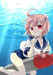 Rule 34 | 10s, 1girl, ahoge, finger to mouth, grin, hair ornament, i-58 (kancolle), kantai collection, multicolored hair, nagasioo, necktie, one-piece swimsuit, pink hair, red eyes, school swimsuit, school uniform, serafuku, shushing, smile, solo, streaked hair, swimsuit, swimsuit under clothes, torpedo, two-tone hair, type 95 torpedo, underwater