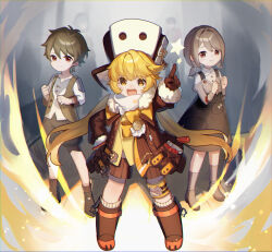 Rule 34 | 2boys, 3girls, alina (honkai: star rail), arm up, blonde hair, boots, bow, brown hair, coat, d:, full body, fur-trimmed coat, fur-trimmed sleeves, fur trim, gloves, hand on own hip, honkai: star rail, honkai (series), hook (honkai: star rail), julian (honkai: star rail), kino (m6t2a), knee pads, long sleeves, looking at viewer, multicolored clothes, multiple boys, multiple girls, natasha (honkai: star rail), open clothes, open coat, open mouth, orange bow, pointing, pointing up, sampo koski, shorts, sideways hat, smile, star (symbol), twintails, yellow eyes