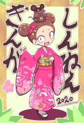 Rule 34 | 1girl, 2020, belt, black eyes, black footwear, blush, blush stickers, brown hair, character request, child, crossed arms, crown, double bun, fangs, female focus, flat chest, floral print, flower, forehead, freckles, hair bun, hair flower, hair ornament, hand up, happy, japanese clothes, japanese text, kimono, long sleeves, looking at viewer, miura akira, mouse (animal), nollety, obi, open mouth, outline, pink flower, pink kimono, sandals, sash, short hair, sitting, slit pupils, smile, solo focus, text focus, translation request, white outline, wide sleeves, yellow headwear, youkai watch