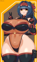 Rule 34 | 1girl, bare shoulders, black thighhighs, blue hair, blunt bangs, breasts, brown background, cameltoe, cleft of venus, covered navel, cowboy shot, curvy, double v, gauntlets, hair ornament, haku hakujou daimaou, headband, highleg, highres, huge breasts, impossible clothes, leotard, looking at viewer, navel, original, ponytail, see-through, smile, solo, thick thighs, thighhighs, thighs, thong, v, wide hips, yellow background, yellow eyes
