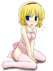 Rule 34 | 1girl, alice margatroid, apron, between thighs, blush, female focus, flying sweatdrops, kazami ruku, looking at viewer, naked apron, sitting, skirt, skirt tug, solo, thighhighs, thighs, touhou, v arms, wariza