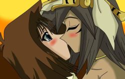 Rule 34 | 2girls, black hair, blue eyes, blush, brown hair, closed eyes, collarbone, dark-skinned female, dark skin, face-to-face, facial mark, facing another, female focus, from side, kiss, looking at another, mana (yu-gi-oh!), mazaki anzu, multiple girls, short hair, spiked hair, yu-gi-oh!, yu-gi-oh! duel monsters, yuri