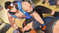 Rule 34 | 2boys, abs, bara, bare pectorals, black leggings, black shorts, blue jacket, brown hair, bulge, dumbbell, flying sweatdrops, gyee, gym, gym uniform, headband, headphones, headphones around neck, highres, hood, hooded jacket, jacket, large pectorals, lee (gyee), leggings, male focus, massage, mazjojo, multiple boys, muscular, muscular male, nipples, official art, official wallpaper, open clothes, open jacket, orange eyes, pectorals, pov, sexually suggestive, short hair, shorts, sleeveless, sleeveless jacket, solo focus, stomach, sweat, thick thighs, thighs
