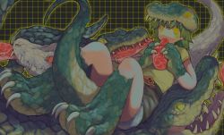Rule 34 | ambiguous gender, animal hat, black background, brown shorts, colored sclera, crocodile, crocodile cap, crocodile feet, crocodile tail, crocodilian, dayohiko, eating, fang, food, green eyes, green hair, green scales, grid background, hat, highres, meat, red sclera, scales, shorts, tail, teeth, white scales