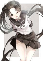 Rule 34 | 10s, 1girl, :d, ayanami (kancolle), brown hair, kantai collection, long hair, one eye closed, open mouth, pleated skirt, reio reio, school uniform, serafuku, side ponytail, skirt, smile, solo, very long hair, wind, wind lift