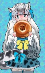Rule 34 | 1girl, absurdres, alternate hairstyle, animal ears, animal print, blue bow, blue skirt, blush, bow, bread, commentary request, covering own mouth, cowboy shot, food, frilled skirt, frilled sleeves, frills, fur collar, green eyes, grey hair, grey kimono, grey thighhighs, hair tie, highres, japanese clothes, kemono friends, kimono, leopard ears, leopard girl, leopard print, leopard tail, long hair, looking at viewer, multicolored hair, obi, pleated skirt, print kimono, print skirt, sash, short kimono, sidelocks, skirt, snow leopard, snow leopard (kemono friends), solo, tail, tail bow, tail ornament, thighhighs, toriny, white fur, white hair, yellow bow, zettai ryouiki