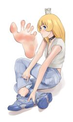 Rule 34 | absurdres, barefoot, black choker, blonde hair, blue eyes, blue footwear, choker, crown, feet, foot focus, from side, full body, highres, hime-sama &quot;goumon&quot; no jikan desu, hime (himesama goumon), knee up, looking at viewer, multiple views, o-ring, o-ring choker, pants, parted lips, shirow (mha03133), shirt, shoe soles, shoes, short sleeves, simple background, sitting, sneakers, soles, thighs, toes, white background, white shirt