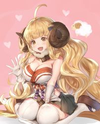 Rule 34 | 1girl, ahoge, anila (granblue fantasy), animal, black skirt, blonde hair, blunt bangs, blush, breasts, cleavage, fur collar, gloves, granblue fantasy, heart, horns, large breasts, long hair, okobo, open mouth, pink background, sandals, sheep, sheep horns, shiromimin, short eyebrows, simple background, sitting, skirt, sleeveless, thighhighs, white gloves, white thighhighs, yellow eyes