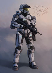 Rule 34 | 1boy, 2022, absurdres, armor, battle rifle, br55, bullpup, commentary, english commentary, gun, halo (series), halo infinite, highres, holding, holding gun, holding weapon, looking to the side, male focus, pickledgear, power armor, rifle, science fiction, signature, solo, spartan (halo), standing, visor, weapon